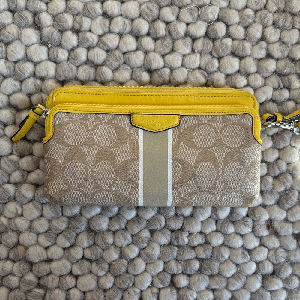 Coach Yellow and Tan Patterned Wristlet